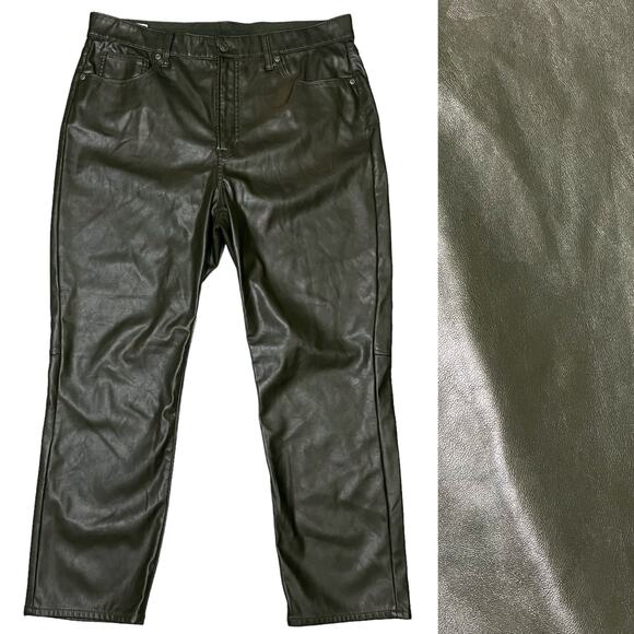 GAP Vintage Slim High Rise Vegan Faux Leather Pants Olive Green 16 / 33 Short - Picture 1 of 15